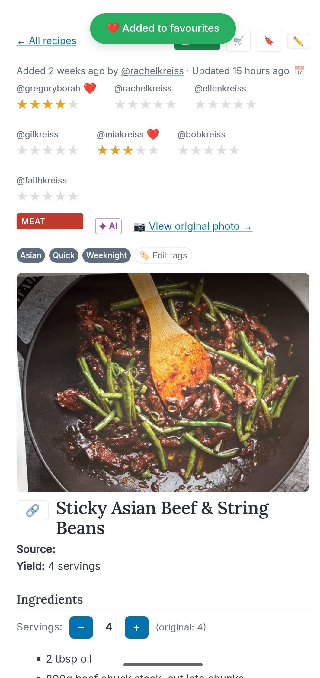 Family ratings — multiple household members' star ratings side by side on a recipe
