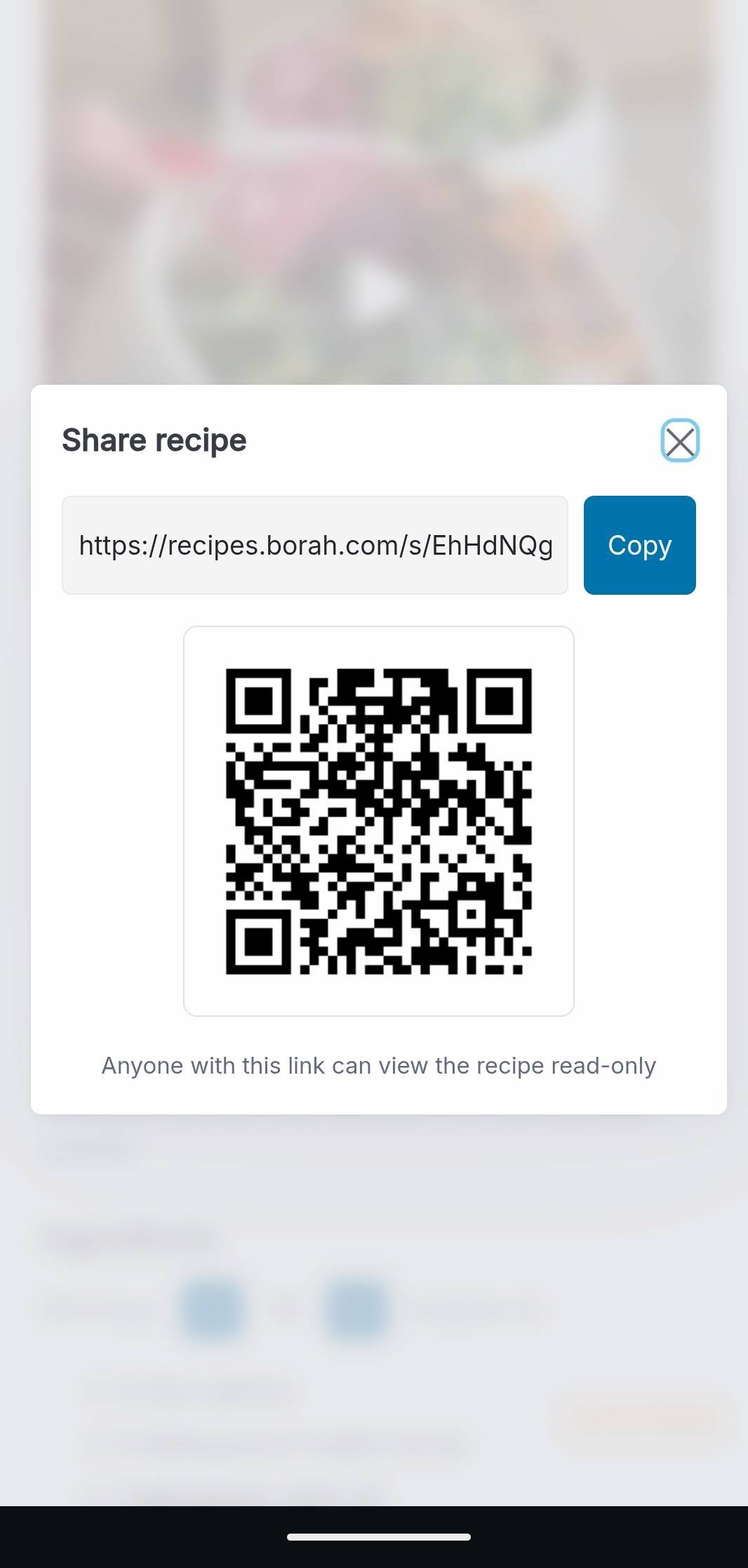 Share modal showing a unique link and QR code for a recipe